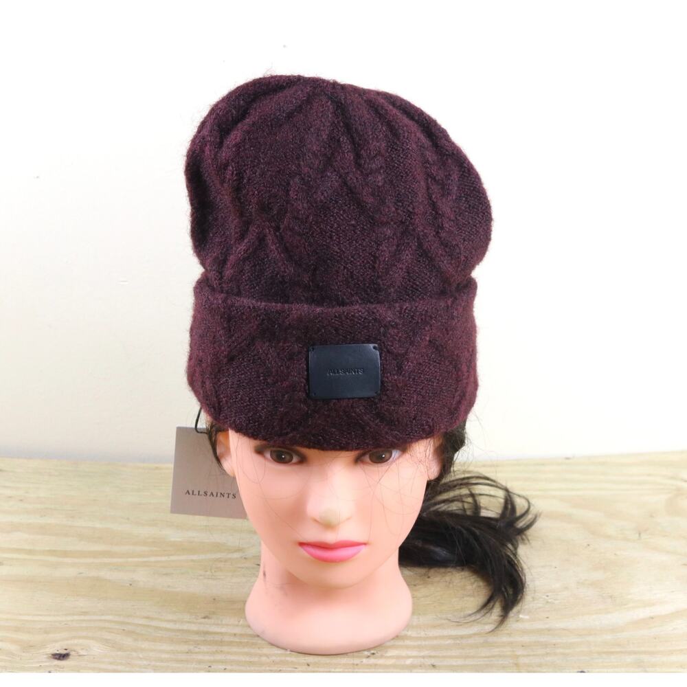 New All Saints Beanie Red Burgundy Cable Knit Wool Blend Unisex